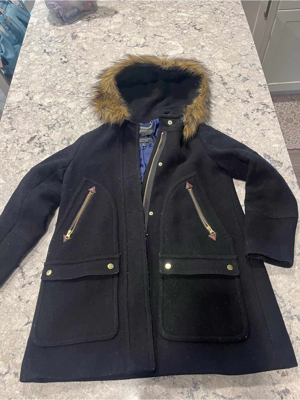 J. Crew Navy Blue Lined Coat with Gold Chain Detail thick wool